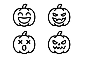 Four black outline icons of carved pumpkins with distinct faces