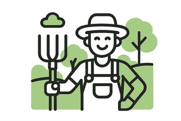 Happy male farmer holding pitchfork in sunny green landscape