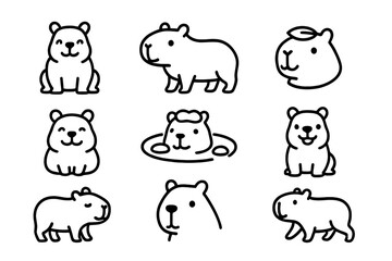Simple black line art icons featuring cute capybara in various poses