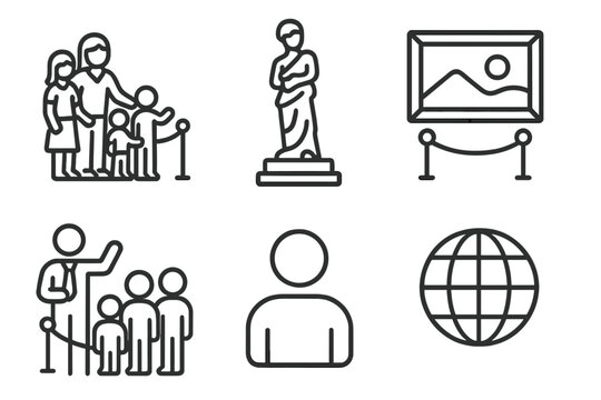 Set of museum and gallery exhibit icons featuring visitors, statue, artwork, and globe