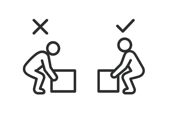 Correct and incorrect posture for lifting heavy objects comparison icon