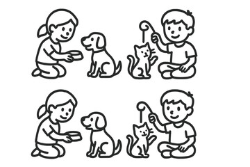 Children feeding and playing with domestic pets using food and toys
