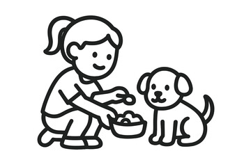 Happy child kneeling to feed small puppy from bowl