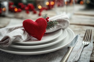 Festive Dinner Table with Red Heart Setting