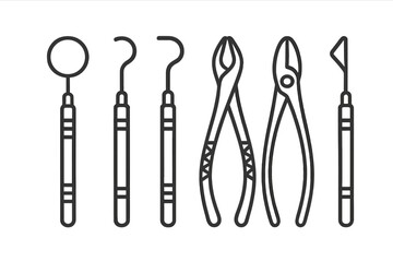 Basic dental examination and extraction tools outline icons set