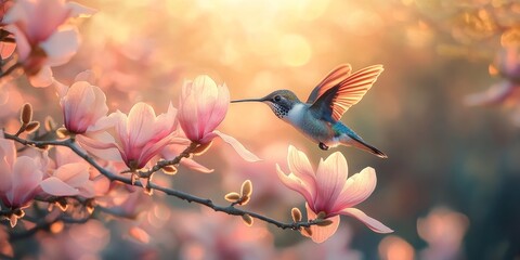 Obraz premium Hummingbird flying near pink magnolia flowers at sunset during spring migration