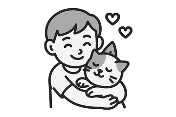 Happy child hugging contented domestic cat with floating hearts