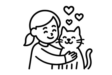 Joyful child embracing a smiling cat with floating hearts