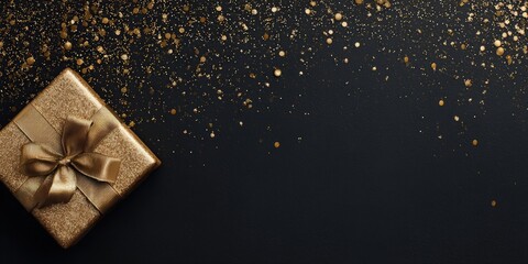 Golden glitter gift box with satin bow in the left foreground on matte black background with scattered confetti and wide copy space to the right, luxury celebration atmosphere