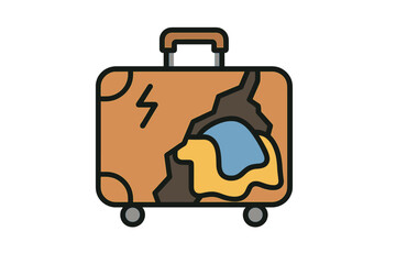 Damaged rolling suitcase with cracked shell and visible contents