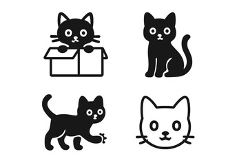 Four adorable black cat icons displaying various playful and engaging poses