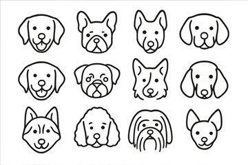 Twelve simple outline icons featuring various cute dog breed heads