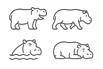 Set of four simple outline icons depicting hippopotamus in different poses