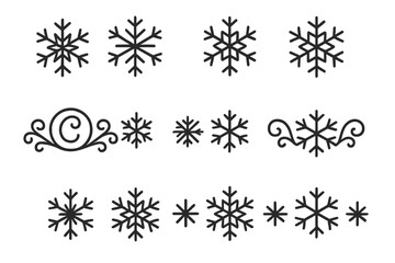 Collection of various black line art snowflake icons and delicate winter ornaments