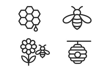 Simple line icons for beekeeping and honey production elements