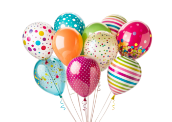 Collection of colorful party balloons with polka dots and stripes for festive celebrations and joyful events, perfect for decoration and invitations.