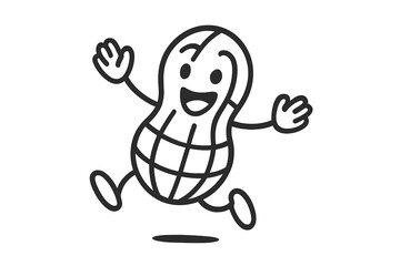 Cheerful anthropomorphic peanut character mascot captured in a simple outline jump