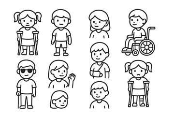 Diverse icons representing children with physical disabilities and injuries