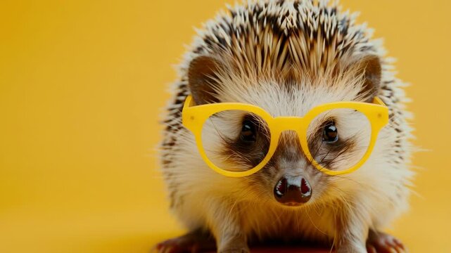 A small hedgehog wearing yellow glasses with a surprised look.