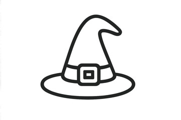 Minimalist black outline icon of a pointed witch hat with buckle detail