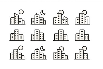 Naklejka premium Simple outline icons of city skyline variations for day and night scenes