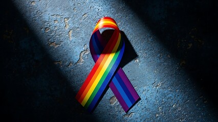 A vibrant rainbow ribbon representing hope support and inclusivity on a textured surface