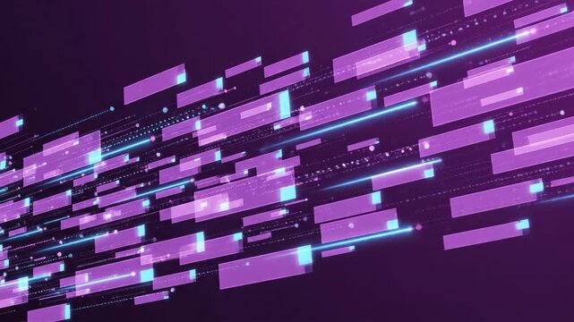 Rectangular lilac shapes  blue lines extend diagonally in space against a purple background accompanied by small scattered dots