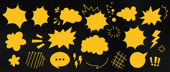 Comic book speech bubbles with dynamic impact effects. Blank pop art frames, action lines, bursts, sparks and star shapes for manga, anime and comics design. Editable empty bubbles for text, stickers