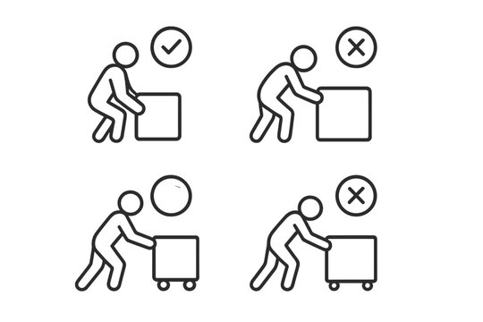 Safe and unsafe manual handling lifting and pushing box icons