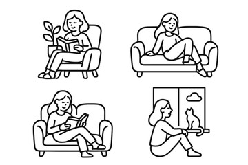 Set of line art icons showing women relaxing indoors with books and pets