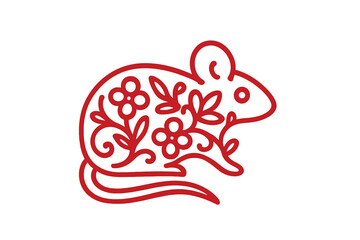 Stylized red line art mouse featuring intricate floral scrollwork pattern