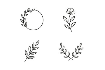 Set of four minimalist hand drawn botanical line art elements and wreaths © Andrei