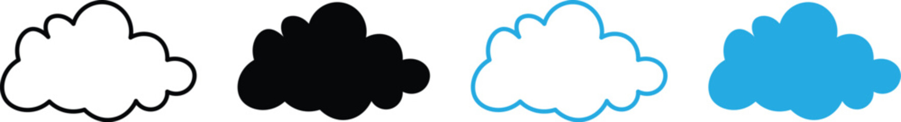 Cloud icons set : cloud icons in outline and solid blue styles. Cloud shapes collection. Line, glyph and filled outline colorful version, abstract cloud outline and filled vector sign
