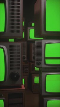 Many stacked retro televisions with green screens, ideal for adding custom content for tv shows, movies, or advertising projects. Great for multimedia design.