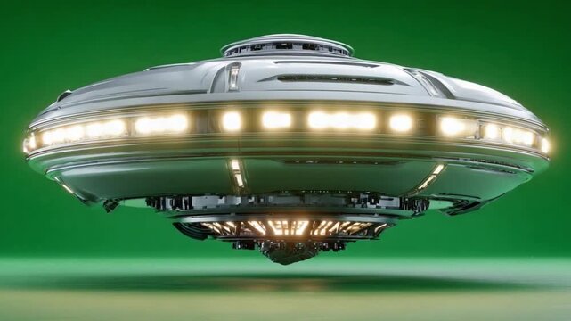 Futuristic Flying Object: A sleek, metallic extraterrestrial spacecraft hovering silently, its lights glowing with an otherworldly brilliance against a vibrant backdrop.