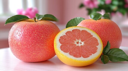 Fresh Pink Grapefruit Halved with Dew Drops