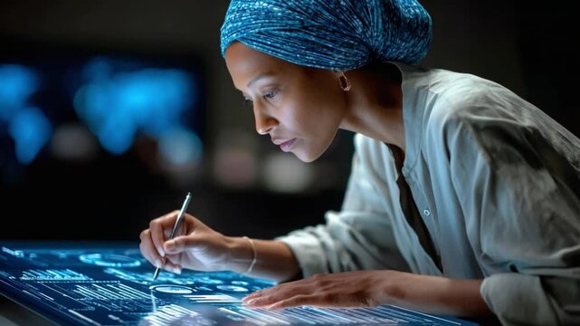 Analyzing Data: A focused person meticulously examines complex datasets, innovating in a high-tech, futuristic setting, capturing the essence of analysis and exploration.