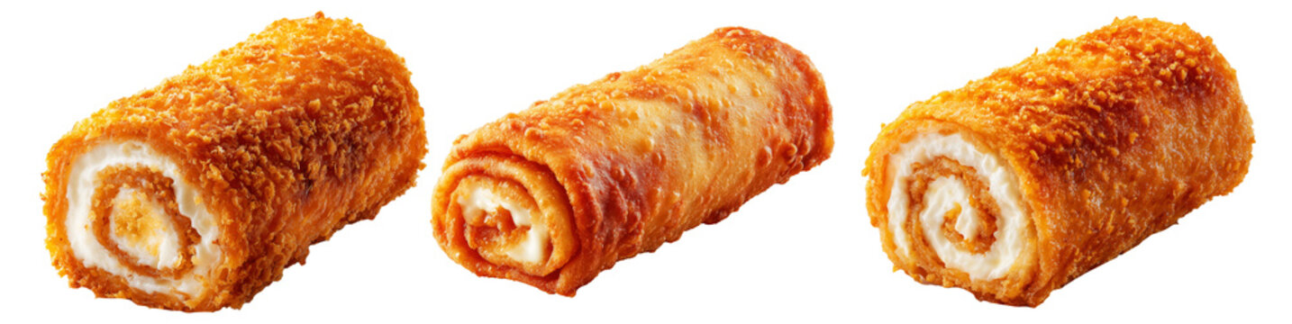 Set of Australia Chiko Roll or crispy  fried chicken wrap stuffed with melted cheese, bell peppers, and meat, on white background
