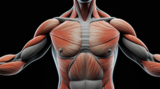 Human Torso Muscular Anatomy Animation on Black Background. 4k Footage Video
