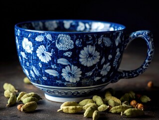Blue and White Porcelain Mug with Cardamom Pods.