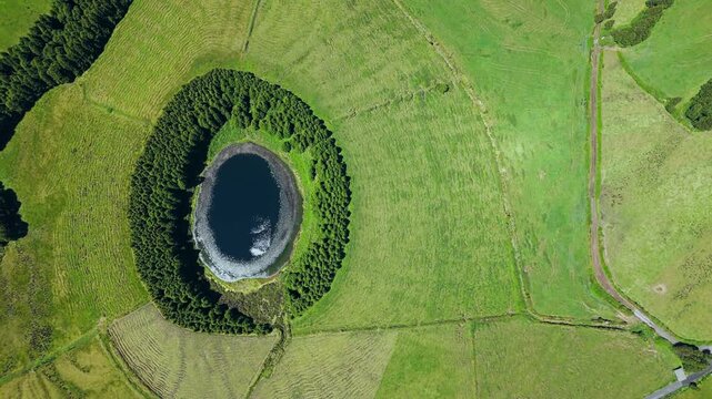 Volcanic lagoon with near-perfect oval shape surrounded by dense trees on Sao Miguel Island, drone footage