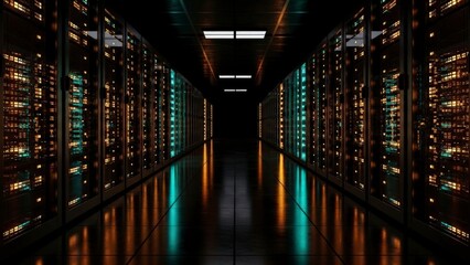 Dark Server Room with Glowing Lights and Reflections.