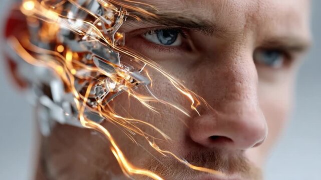 Bionic Transformation: A striking image capturing the essence of futuristic enhancements, revealing a person's face merging with intricate bionic components.