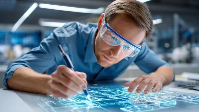 Blueprint of Innovation: A focused engineer, donned in protective eyewear, meticulously refines a holographic blueprint, symbolizing technological advancement.