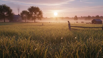 Golden Sunrise Over a Misty Meadow with Dew Drops on Grass and a Distant Farmhouse