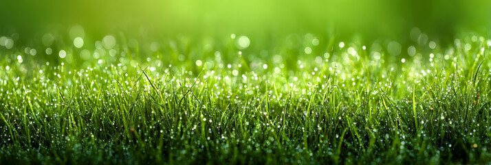 sparkling morning dew on fresh spring grass creating a cool textured top section with a clean smooth lower area for text placement