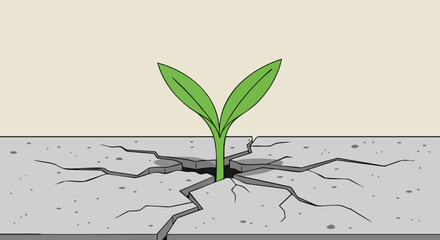 Grass poking through concrete, urban nature resilience with plant breaking concrete and environmental recovery symbol, suitable for poster design, article header, and eco-themed awareness materials.
