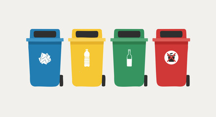 Trash separated into color bins, waste separation system with color coded recycling and recycling bin row, suitable for poster design, article header, and environmental education materials.