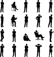 Vector illustration of a business team and family group featuring black silhouettes of a walking businessman in a suit and a standing woman among diverse people in various poses