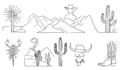 Desert Landscape Elements and Western Icons Cactus, Mountains, Boots, Scorpion, and Skull Collection